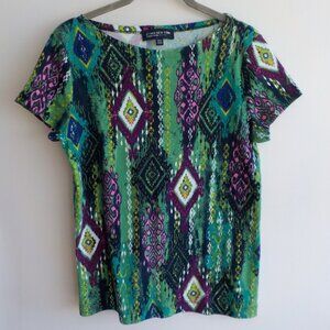 Jones New York - T-shirt Short Sl- PL 100% Cotton - Green Purple Print (588)